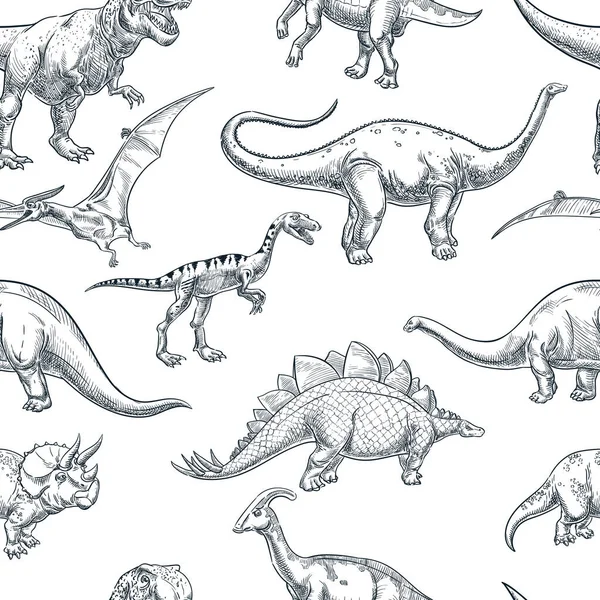 Dinosaures Dessinés Main Sur Fond Blanc Motif Vectoriel Sans Couture — Image vectorielle