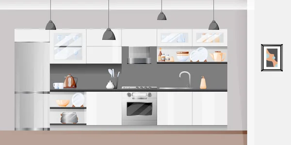 Intérieur Moderne Cuisine Blanche Illustration Vectorielle Dessin Animé Plat Meubles — Image vectorielle