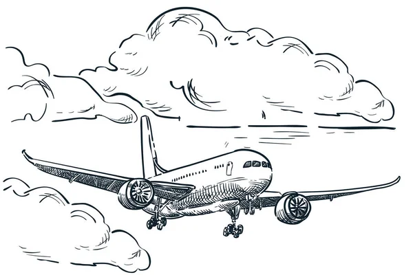 平面は空の雲 ベクトルスケッチのイラストで飛ぶ 航空旅行 観光フライト 飛行機のチケット予約手描きの孤立したデザイン要素 — ストックベクタ