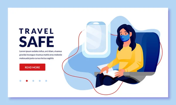 Frauen Schutzmasken Reisen Mit Dem Flugzeug Eine Passagierin Sitzt Flugzeug — Stockvektor