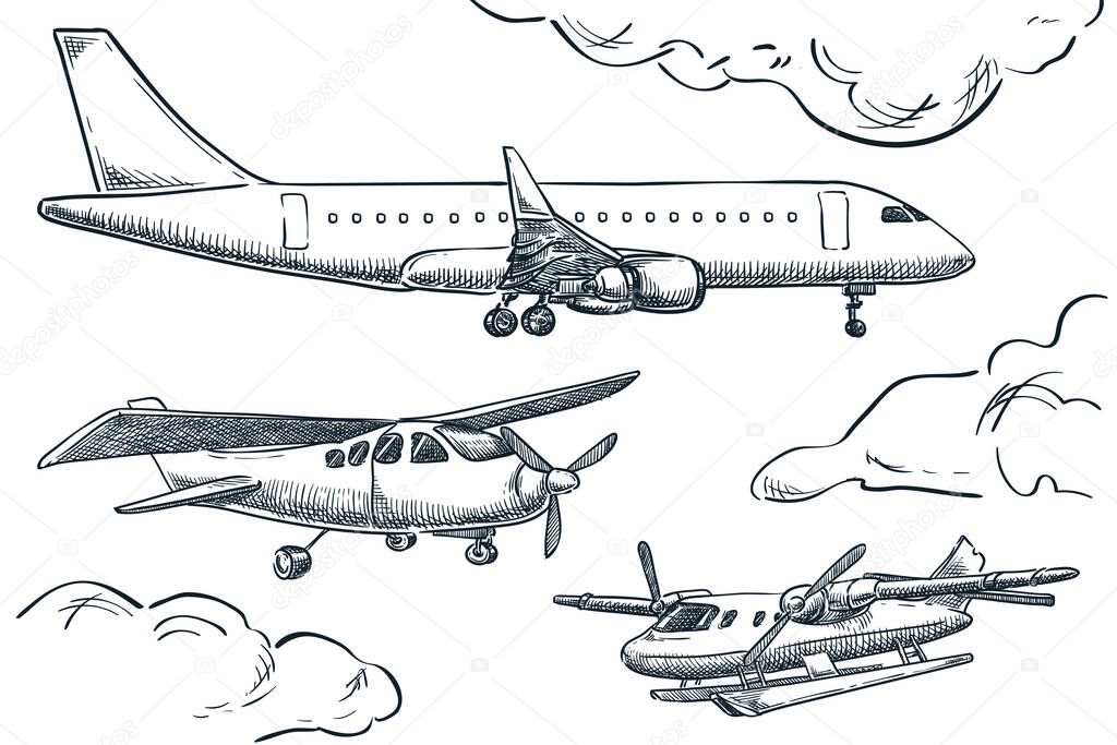 Planes collection, vector sketch illustration. Seaplane, hydroplane and tourist plane isolated on white background. Air travel hand drawn design elements