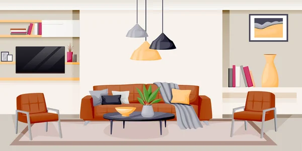 Moderne Woonkamer Interieur Vector Platte Cartoon Illustratie Huis Luxe Appartement — Stockvector