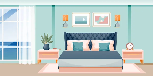 近代的な寝室のインテリア ベクトルフラット漫画イラスト 窓と海の景色を望むホテルの部屋またはアパート 現代の家庭の背景 家具のデザイン要素 — ストックベクタ
