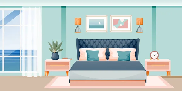 Modern Slaapkamerinterieur Vector Platte Cartoon Illustratie Hotelkamer Appartement Met Raam — Stockvector