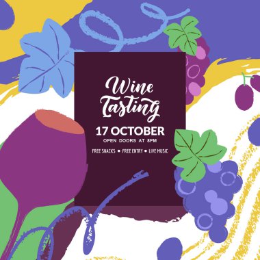 Şarap etiketi tasarımı, suluboya boya boya boya, şarap kadehi ve üzüm. Şarap imalathanesi modayı. Restoran bar menüsü, poster baskısı, alkol ürün ambalajlama kavramı