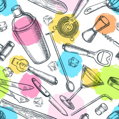 Çubuk aletler ve suluboya sıçramalarla kusursuz desen. Vektör el çizimi karıştırıcı, jigger, tirbuşon, martini bardağı ve süzgeç. Kokteyl menüsü, ambalaj, tekstil baskısı için tasarım