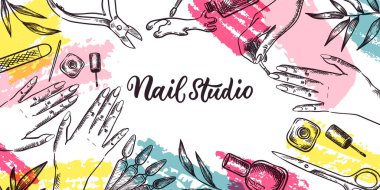 Tırnak stüdyosu afişi, poster, broşür tasarımı. Kadın elleri, manikür aletleri, soyut suluboya arkaplan çizimleri. Güzellik salonu, spa prosedürü, tırnak bakımı konsepti.