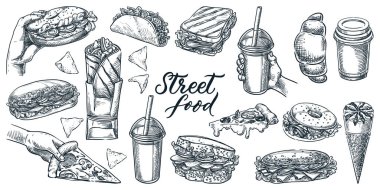Vektör el çizimi sokak yemekleri, içecekler ve atıştırmalıklar. Kafe veya bar menüsü, yemek kamyonu markalaşması, festival broşürleri ve paket servis kavramları için tasarım öğeleri