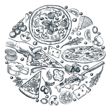Vektör elle çizilen İtalyan pizzası ve malzemeleri daire şeklinde. Restoran menüsü, İtalyan yemek tasarımı, pizza markası ya da mutfak için tasarım öğeleri. Beyaz arkaplanda otantik yemek taslağı