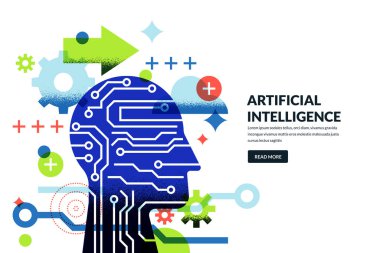 Devre çipi ve teçhizatlı soyut kafanın vektör çizimi. Yenilik, dijital akıl, yapay zeka ve gelecekteki teknoloji fikirleri konsepti. İnsan zekası ve teknoloji bağlantısı