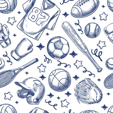 Vektör spor taslak kusursuz desen. Amerikan futbolu, futbol, basketbol, beyzbol, boks, tenis eli moda tekstil baskısı, kumaş, ambalaj kağıdı arka planı için ekipman tasarımı unsurları