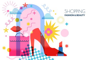 Moda ve güzellik satışı soyut yaratıcı konsept. Kırmızı ayakkabılı, rujlu, alışveriş çantalı renkli geometrik düz çizim. Pankart, poster, indirim kuponu, tanıtım broşürleri tasarım elementleri.