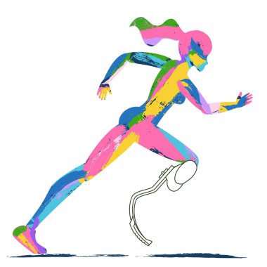 Protez bacaklı bir kadın. Uyarlanabilir sporcu ve sakatlık sporu konsepti, rehabilitasyon, motivasyon, kapsayıcı fitness. Biyonik teknoloji ve aktif yaşam tarzı vektör çizimi