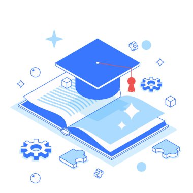 Mezuniyet şapkası, dişlileri ve bulmacaları olan açık kitabın vektör izometrik üç boyutlu çizimi. Eğitim, bilgi ve öğrenme kavramı. Üniversite ve akademik başarı için modern tasarım
