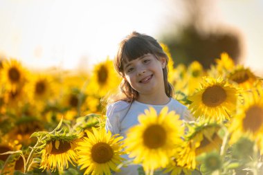 Eylül 2020, Bibbiano, İtalya. Ayçiçeği tarlasında tatlı küçük kız