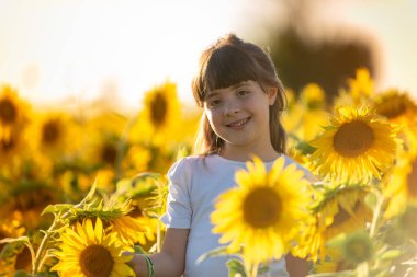 Eylül 2020, Bibbiano, İtalya. Ayçiçeği tarlasında tatlı küçük kız