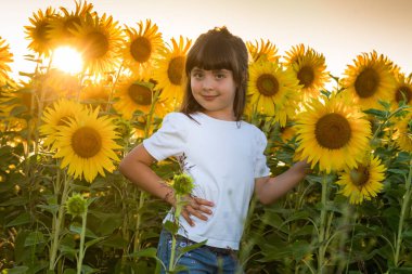 Eylül 2020, Bibbiano, İtalya. Ayçiçeği tarlasında tatlı küçük kız