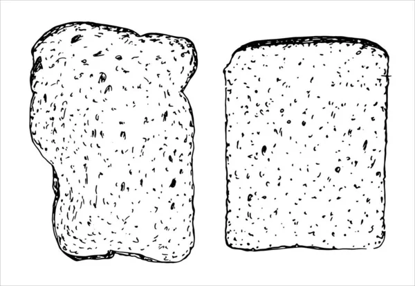 Skizzieren Sie schwarze Konturen auf einer realistischen Skizze, isoliert auf Weiß. Vektor-Zeichnung eines knusprigen Brotstücks von oben. Eine Reihe von Illustrationen zu Lebensmitteln. — Stockvektor