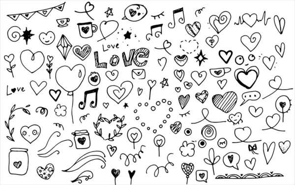 Zestaw Ręcznie Rysowane Elementy Miłości Doodle Ślub Walentynki Karty Naklejki — Wektor stockowy