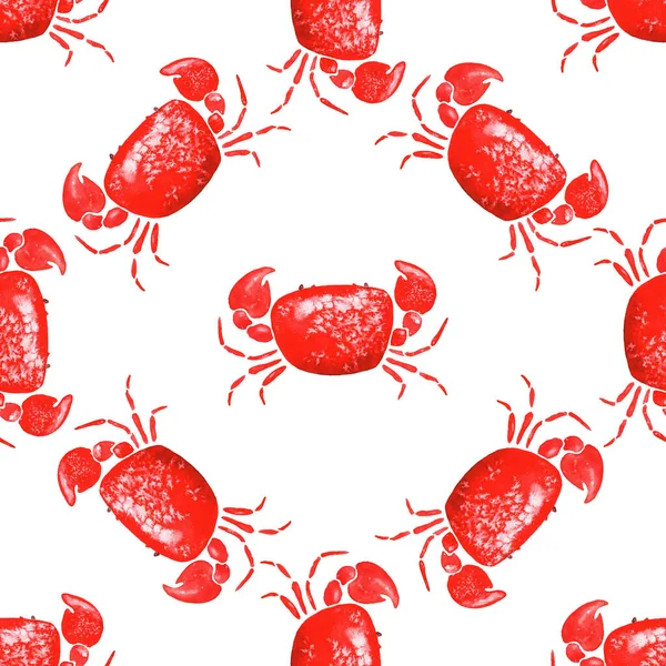 Funny red crabs and waves. Seamless pattern. Cute kids pattern for girls and boys. Bright crabs on a white background create a cheerful cartoon drawing, marine wallpaper. — Stock Image Funny Red Crabs Waves Seamless Pattern Cute Kids Pattern Girls Stock Image