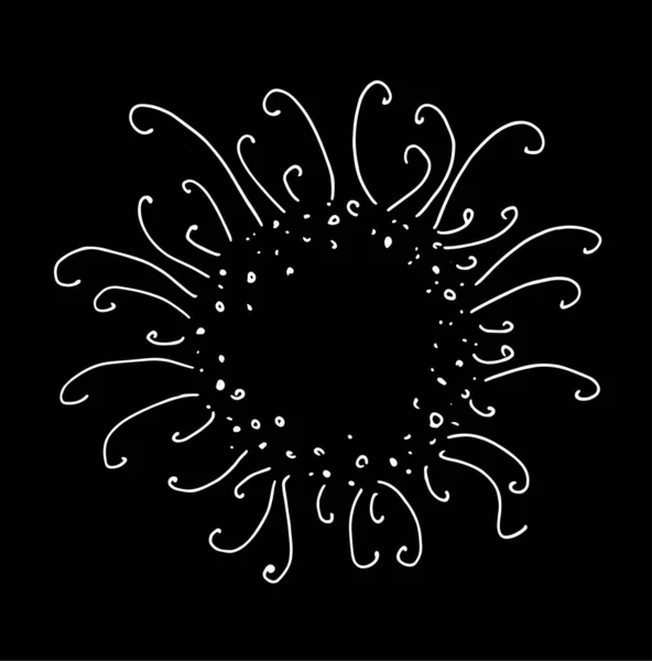 Tasarım için siyah arkaplan izole bir elemente elle çizilmiş bir yıldızın stilize edilmiş patlamasını vektör çiziyor. Ortasında beyaz bir boşluk olan ve daireler çizen bir Doodle. — Stok Vektör