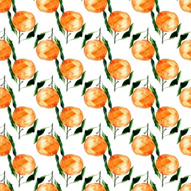 Beyaz arka planda yaprakları olan bir mandalina. Bir tasarım şablonu için parlak turuncu rengin suluboya çizimi