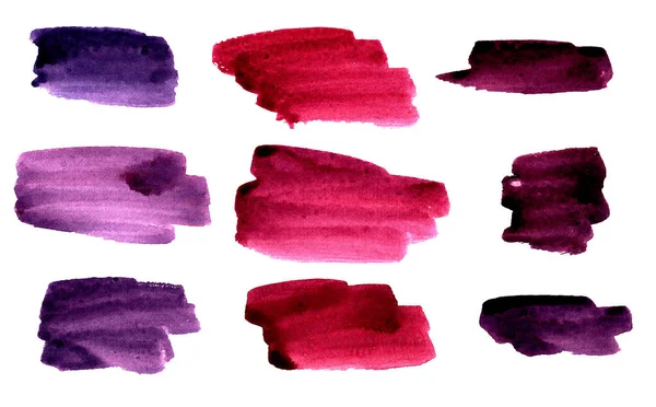 Set of watercolor elements rectangular brushstrokes with rounded corners in pink purple plum cherry and maroon shades for text label stickers. isolated elements watercolor spots on a white background — Stockfoto