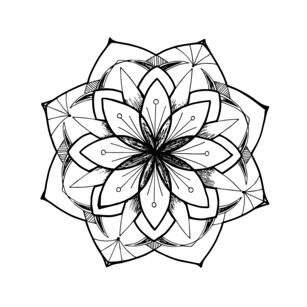 Hand-drawn vector Mandala. Ethnic decorative elements. Hand-drawn background. Islam, Arab, Indian, and Ottoman motifs. flower outline round stylized symmetrical pattern with a black line on a white — Archivo Imágenes Vectoriales