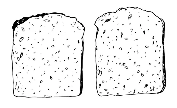 Skiss svart kontur på en realistisk skiss, isolerad på vitt. uppsättning av vektor ritning av en knaprig bit bröd ovanifrån. En rad illustrationer av livsmedel. — Stock vektor