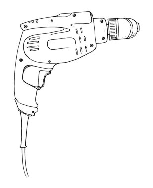 Delme makinesi elle çizilmiş çizim çizimi. Elektrikli taşınabilir sondaj aleti, ev yapımı güç aracı, robot resim şeklinde vektör elle çizilmiş matkap. Beyaz arkaplan matkabında izole edilmiş siyah element ana hatları