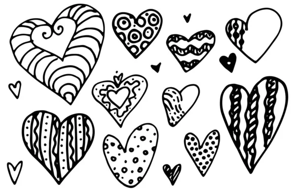 Ensemble de coeurs vectoriels isolés Valentine avec motifs et textures pour votre design. style doodle dessiné à la main coeurs mignons sertis de rayures et de points lignes ondulées contour noir sur fond blanc — Image vectorielle