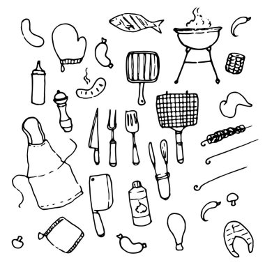 Siyah çizgili ızgara karalaması, klasik tarzda. Karalama tarzında elle çizilmiş bir dizi vektör izole çizimleri. Vektör illüstrasyonu, afiş, poster. Grafik tasarım elemanı. Açık hava yemekleri, ızgara tepsisi, ızgara bıçakları, tutacakları ve mea