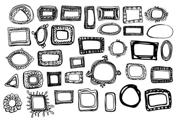 Hand-drawn doodle-style set of vector cute frames isolated by a black outline on a white background for your design template. large collection of curbs of various shapes round, square, spiral, simple — Stock Vector