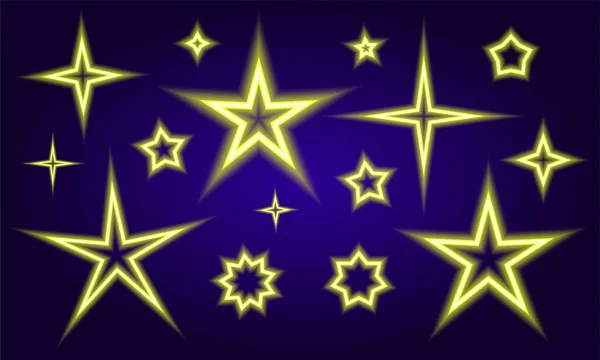 Πολύχρωμα αστέρια νέον που σε vintage στυλ σε ένα σκοτεινό φόντο. Μια πολύχρωμη συλλογή από διανυσματικά εικονίδια αστεριών με διαφορετικό αριθμό γωνιών του κίτρινου χρώματος περιγράμματος για το πρότυπο σχεδιασμού σας. — Διανυσματικό Αρχείο