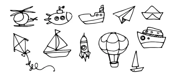 Set vettoriale disegnato a mano di elementi di trasporto Elicottero Submarine Balloon Rocket contorno nero su sfondo bianco in stile Doodle Kids per il tuo modello di design — Vettoriale Stock