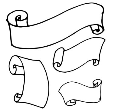 Çizgi karalama kurdelesi dekorasyon tasarımı için dizayn edildi. Vektör, beyaz arkaplanda siyah bir çizgi ile karalama tarzında çizilmiş bir dizi karışık parşömen elemanıdır. Metin şablonu tasarımı için boşluk bırakılmış klasik kurdele.