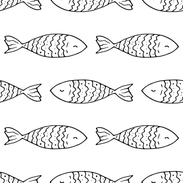 白色背景上色彩斑斓的多毛鱼图案 白色背景上波浪形鳞片黑色轮廓的可爱多毛鱼的矢量无缝图案 用于设计模板 一种简单的孩子们在不同地方游泳的海鱼图案 — 图库矢量图片