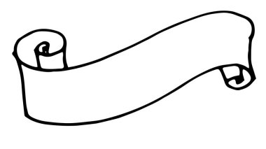 Çizgi sanat karalama kurdelesi dekorasyon tasarımı için. Vektör, karalama stilinde, beyaz arkaplanda siyah bir çizgi ile çizilmiş bir dizi izole edilmiş parşömen elemanıdır. Metin şablonu tasarımı için boşluk bırakılmış klasik kurdele.