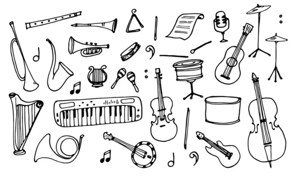Beyaz arka planda siyah karalama müzik enstrümanları olan klasik çizim seti. Doodle vektör çizimi. Siyah arka plan. Taslak çizim. Çizgi çalışması. Vektör çizimi çizimi.