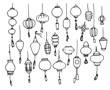 Çin fenerlerinden oluşan bir vektör seti. Robot resim şeklinde çizilmiş. Her amaç için harika bir tasarım. Japon ikon vektörü. Geleneksel Asya dekorunun fenerlerini asmak. Karalama tarzında elle çizilmiş soyut bir vektör. Geleneksel doğulu poster tasarımı. V
