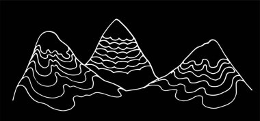 Birkaç zirvesi ve dalgalı çizgileri olan bir dağın vektör izole çizimi. Şablon tasarımı için el çizimi tepeler. siyah ve beyaz dağ manzarası