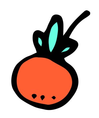 Üzerinde turkuaz yapraklar olan yuvarlak kırmızı bir çileğin vektör çizimi, bir kartpostal tasarım şablonu için elle çizilmiş beyaz bir zemin üzerinde siyah bir çizgi ile birlikte. Renkli arkaplanda çizgi çizimi siyah deseni. El çizimi çizimi. Çilek