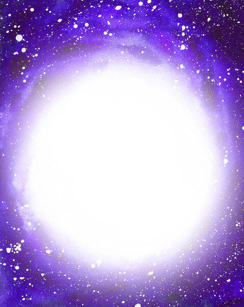 purple watercolor space background with white stars, and a large white round space for the invitation text or template for your design