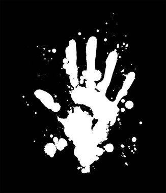Damlayan boyalı bir el izi. Beyaz arka plana siyah mürekkep sıçramış bir el izi. Kağıt üzerinde gerçekçi baskı. Poster etiketi tasarımı için insan ayak izi palmiyesi ve metin için boşluk