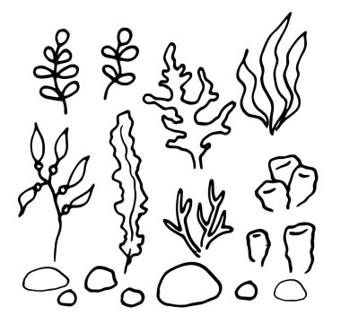 Beyaz arka planda karalama tarzında yosun karalama seti. Ok simgesi koleksiyonu. Doğa sanatı. Doodle vektör çizimi. El çizimi soyut vektör seti. Çizgi film vektör illüstrasyonu.