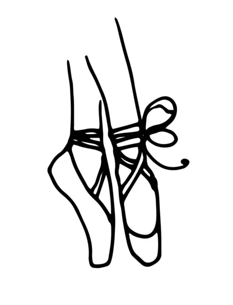 ラインアートドアの足のバレエ 手描きイラスト ラベル パッケージ ポストカードのデザインテンプレートのための白い背景にドードルスタイルで描かれた弓で黒い線のバレリーナの足のベクトル図面 — ストックベクタ