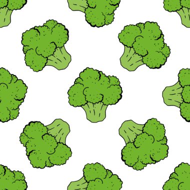 Arka planda karalama yeşili brokoli desenli el çizimi, pürüzsüz desen. Kusursuz desenli siyah arka plan. Ekoloji kavramı.