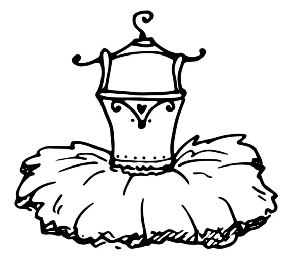 白の背景に黒の落書きバレエチュチュハンガーと古典的なスケッチのアイコン 黒のラインでスケッチスタイルで手描きハンガーにベクトル分離要素バレエチュチュ ダンスデザインのためのロゴ ラベル パッケージのためのハンガーにバレリーナのドレス — ストックベクタ