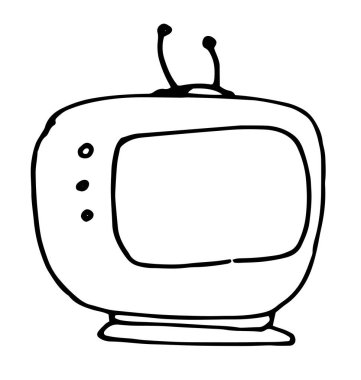 Beyaz arka planda siyah karalama televizyon anteni olan klasik soyut televizyon tuşu. Antika çizimler.