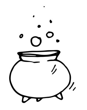 Siyah karalama kazanı beyaz arka planda klasik tarzda kabarcıklar oluşturur. Havada kabarcıklar olan sihirli bir kazan. Bir cadının üç ayaklı kazanının vektör izole elementi. Elleri karalama şeklinde çizilmiş, beyaz sırtında siyah bir çizgi olan iksir yapbozu.